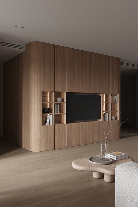 Curved Cabinets, Japandi Living Room, Japandi Living, Apartment Projects, Curved Walls, Tv Wall Unit, Tv Wall Design, Minimalist Interior Design, Minimalist Interior