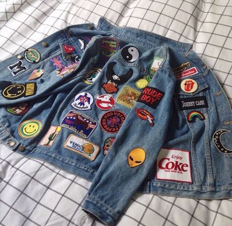 •✧ want to see more pins like this? then follow pinterest: @morgangretaaa  + follow my insta @morgangretaaa ✧• Jean Jackets Aesthetic, Iron On Patch Jacket Ideas, How To Put Patches On Jean Jacket, Funky Denim Jackets, Denim With Patches, Patch For Jacket, Patches Jean Jacket, Jacket With Patches Aesthetic, Jeans Jacket Aesthetic