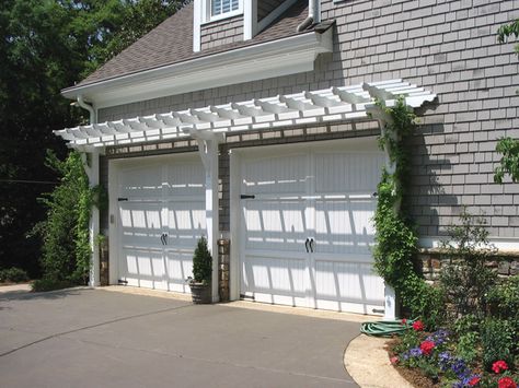 Pergola over garage designed and built by Georgia Front Porch. Garage Door Trellis, Garage Arbor, Garage Trellis, Door Trellis, Garage Pergola, White Pergola, Vinyl Pergola, Pergola Diy, Pergola Carport