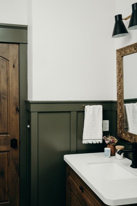 BATHROOM REVEAL: Vintage Dark Green Wainscoting - Green Guest Bathroom Ideas, Bathroom Wainscotting And Wallpaper, Dark Green Wainscoting, Dark Green Bathroom Decor, Green Wainscoting, Daycare Bathroom, Small Guest Bathroom, Gothic Farmhouse, Dark Green Bathrooms