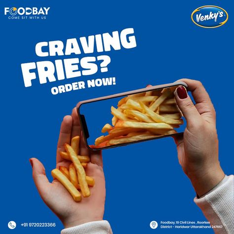 Indulge in crispy perfection with Venky's Potato Fries at FoodBay - where every bite is a tantalizing symphony of flavor and crunch. Elevate your snacking experience to a whole new level! call us: +919720223366 Reach Us: Food Bay 19, Haridwar Rd, Civil Lines, Roorkee, Uttarakhand 247667 #foodie #foodlove #chickenfried #burgrill #Zomato #foodislife #chickendish #burgertime #burgerlove #FoodOffers #tastebuds #FoodieDeals #FoodieDestination #iitroorkee #iit #foodbay #roorkee #newyear #food #... Winter Food Creative Ads, Food Delivery Ads, Food Advertising Design, Fast Food Advertising, Food Marketing, Us Food, Food Burger, Ad Ideas, Food Post