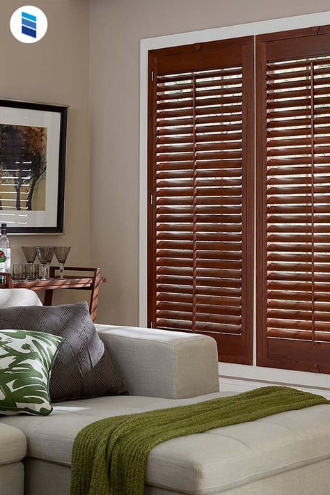 Interior wood shutters are a timeless design choice for the home. They might cost more up front, but they help improve home value, last for years, and insulate the house. Wooden Floor Ideas, Shutters Interior, Door Treatments, Rustic Shutters, Small Sectional Sofa, Window Treatments Living Room, Window Treatments Bedroom, Interior Shutters, Faux Wood Blinds