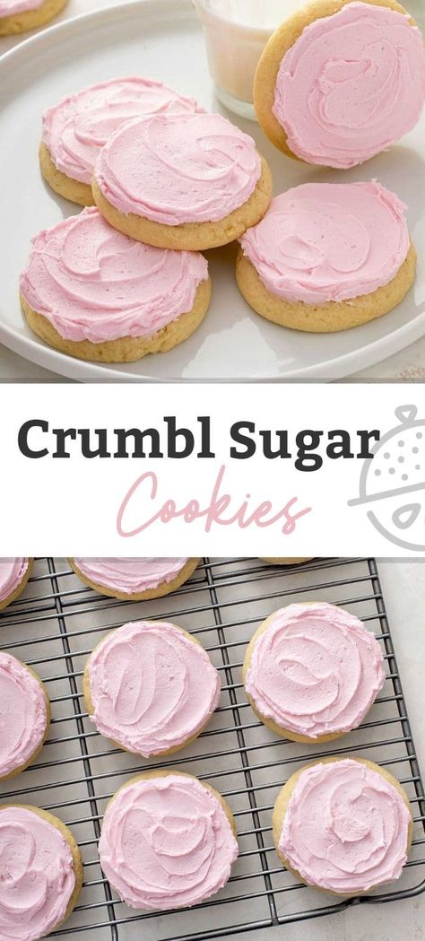 This copycat Crumbl Sugar cookie recipe is made with a soft and buttery sugar cookie base topped with the absolute best pink almond frosting. These amazing soft cookies are just like the chilled sugar cookies sold at Crumbl cookies! #cookies #baking #crumbl #recipe #pink #lemonblossoms #copycat Pink Snickerdoodle Cookies, Soft Sugar Cookies With Frosting, Cookie Recipes Crumbl Copycat, Cooking With Karli Copycat Crumbl Chilled Sugar Cookies, Crumble Pink Sugar Cookie Recipe, Pink Frosting Cookies, Pink Frosted Cookies, Crumbl Cookies Pink Sugar, Crumbl Cookie Pink Sugar Cookie