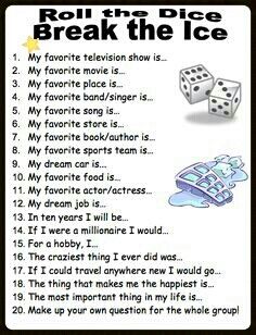 Use up to 3 dice, campers roll, add and answer! For even more get-to-know-you-fun...have them make up their own group list! Ice Breaker Games, Senior Activities, Roll The Dice, Ice Breaker, Games For Teens, E Mc2, Team Building Activities, Group Games, Youth Group