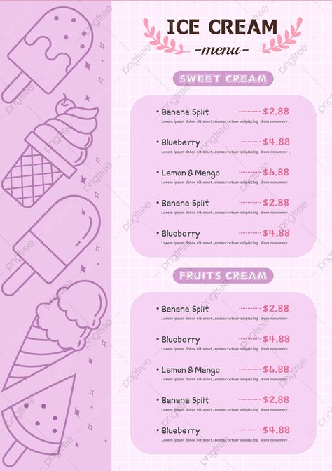 Ice Cream Template, Purple Minimalist, Menu Board Design, Ice Cream Menu, Ice Cream Poster, Menu Card Design, Aesthetic Lockscreens, Summer Ice Cream, Desserts Menu