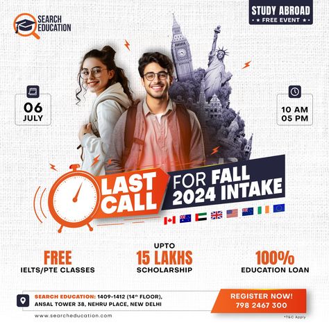 Last Call for Fall 2024 Intake! 🌍✈️ If you're dreaming of studying abroad, this is your chance to make it happen! Join us on Sun, July 6, 2024, at 10:00 AM at Search Education - Delhi. 📍 Don't miss out on this free opportunity to kickstart your international education journey. Our team of experts will be there to guide you through the admission process and answer all your questions. Whether you're interested in the US, UK, Canada, Australia, or any other destination, we've got you covered! ... Educational Cover Design, Education Standee Design, Education Creative Design, Study In Abroad Poster Design, Study In Canada Creative Ads, Study Poster Design, Education Social Media Design, Study Abroad Poster Design, Study Abroad Creative Ads