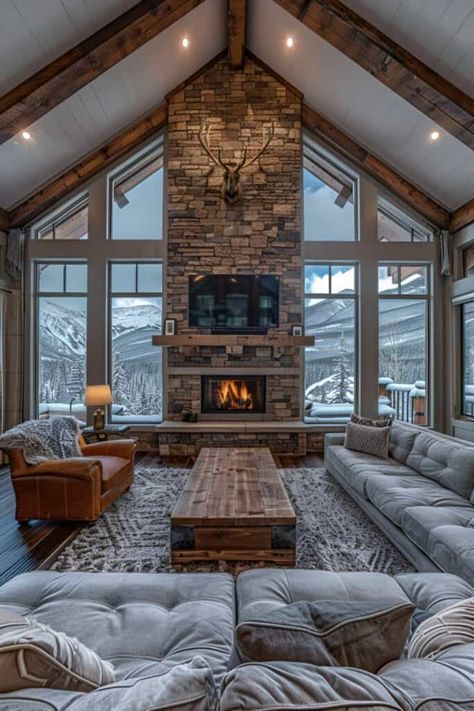 This living room captures the essence of a mountain lodge, featuring wooden beams and a stone fireplace. Fur rugs and antler decor add layers of warmth and rustic elegance. Embrace these rustic living room ideas for a home that's as inviting as a mountain retreat. Explore similar styles like ski chalet chic, alpine luxury, and rustic contemporary for your living space. Discover the full series of 16 mountain lodge inspired living rooms. Ski House Decor Interiors Rustic, Alpine Lodge Interior, Ski House Living Room Decor, Ski Living Room, Chalet Home Decor, Modern Ski House Living Room, Mountain Style Living Room, Mountain House Interior Living Room, Alpine Chic Interiors