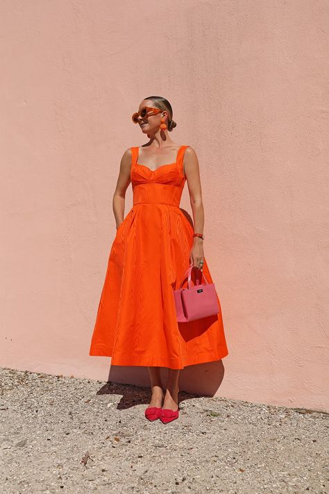 orange dress Casual Orange Dress Outfit, Orange Dresses Outfit, Wedding Guest Dress Colorful, Colorful Dress Wedding Guest, Pink Orange Dress Outfit, Orange Sundress Outfit, Colorful Wedding Outfit Guest, Orange Pink Combination Dress, Colorful Summer Dress