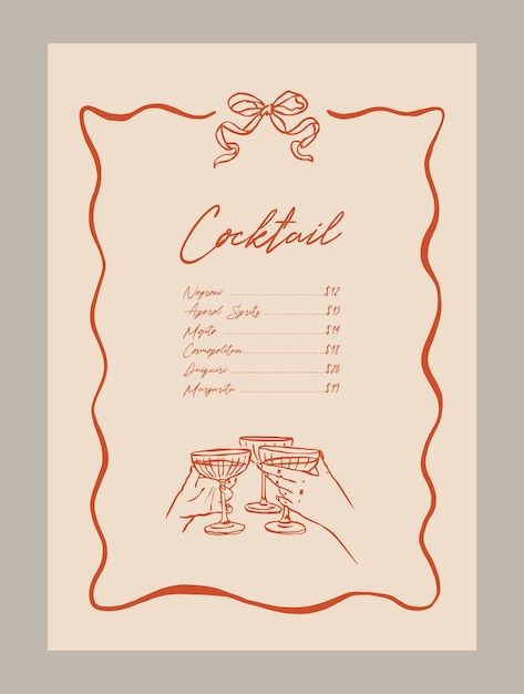 Vector elegant cocktail menu template wi... | Premium Vector #Freepik #vector Cocktail Menu Illustration, Cocktail Menu Aesthetic, Cocktail Menus Design, Drink Card Design, Drinks Menu Ideas, Aesthetic Menu Design, Drinks Menu Design, Menu Aesthetic, Cocktail Menu Design