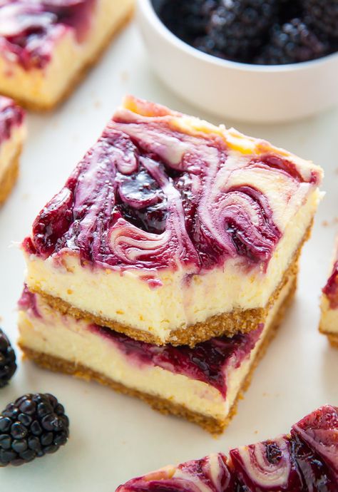 Blackberry Cheesecake Bars with Graham Cracker Crust Blackberry Swirl Cheesecake, Mixed Berry Cheesecake Recipes, Blackberry Cheesecake Bars, Mixed Berry Cheesecake, Swirled Cheesecake, Tasty Sweets, Blackberry Cheesecake, Baker By Nature, Swirl Cheesecake