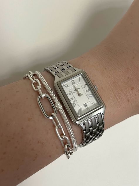 Sterling Silver Jewelry Aesthetic, Silver Jewelry Aesthetic Vintage, Silver Watch With Bracelets Women, Silver Bracelet Stack With Watch, Silver Jewellery Watch, Bracelet Silver Aesthetic, Silver Apple Watch Band Ideas, Silver Watch Stack, Silver Chains Aesthetic