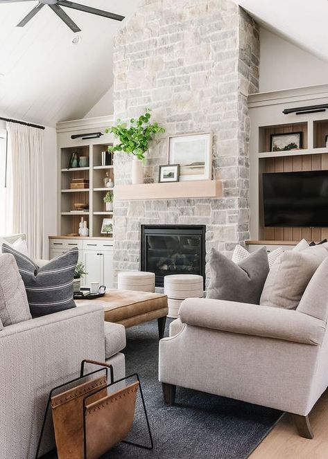 Living Room Fireplace Shelving, Tv Next To Fireplace Layout, Design Camino, Cabin Renovation, Cabin Fireplace, Transitional Farmhouse, Capstone Project, Modern Farmhouse Living, House Family