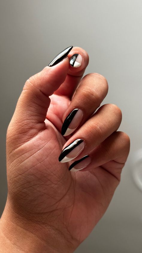 Nail art that half is while french and other half is full black. Stiletto nail. Office nails. Full Black Nail Designs, Half Nails Design, Half Black Nail Design, Half French Tip Nails Half Solid, Half Black Nails, Half Painted Nails, Half Black Half White Acrylic Nails, Half French Half Full Nails, Half Nail Design Ideas