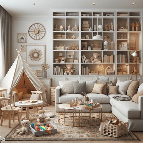 image-11 - ScDecorum Sitting Room Playroom Ideas, Half Playroom Half Family Room, Family Room Toddler Friendly, Library Playroom Combo, Toddler Friendly Living Room Ideas, Playspace In Living Room, Family Room Design Kid Friendly, Small Playroom Ideas In Living Room, Playroom Sitting Room Combo