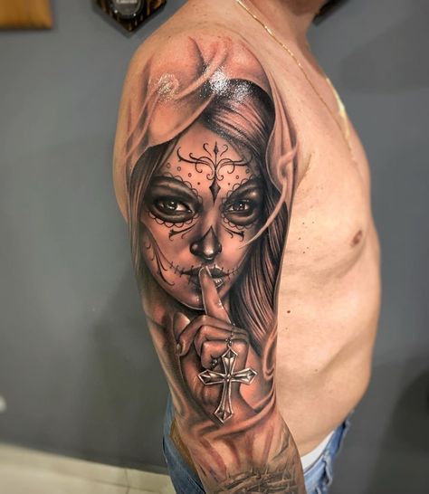 Skull Shoulder Tattoo For Women, La Catrina Tattoo, 13 Tattoo Ideas, Mexican Skull Tattoos, Candy Skull Tattoo, Feminine Skull Tattoos, Tattoo Fixes, Tattoos With Meanings, Painless Tattoo