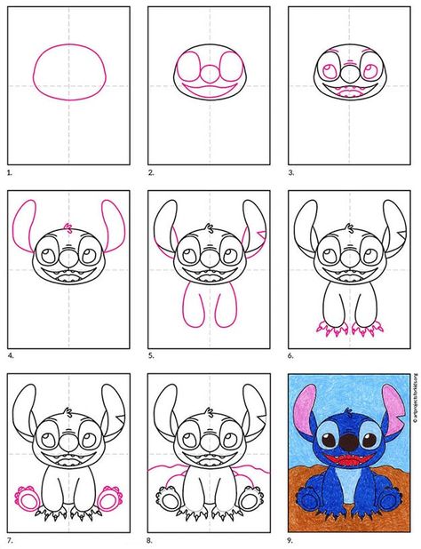 Step By Step Stitch Drawing, How To Draw Characters Step By Step, How To Draw Disney Characters Step By Step, How To Draw Stitch, How To Draw Disney Characters, Easy Drawings For Beginners Step By Step, Doodle Disney, Draw Stitch, Stitch Step By Step