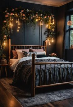 Dark and moody bedroom Comfy Bedroom Inspirations, Small Romantic Bedroom Ideas, Moody Apartment Bedroom, Moody Aesthetic Home, Moody Teen Bedroom, Dark Core Aesthetics, Dark Walls Bedroom, Moody Feminine Bedroom, Dark Accent Wall Bedroom