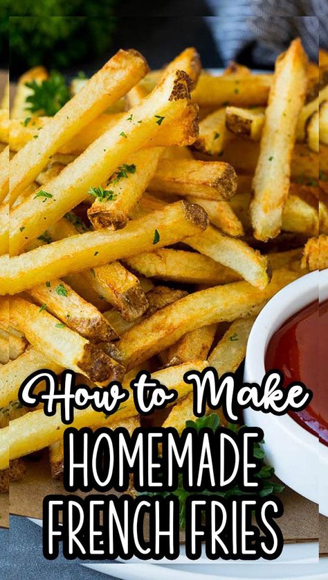 These homemade french fries are potatoes that are cut into sticks and deep fried until golden brown, then sprinkled with seasonings. Penn Station Fries, Homemade Fried French Fries, Diy French Fries, Wedges Potato, Potatoes Fries, Baked French Fries, French Fries At Home, Fries At Home, Perfect French Fries