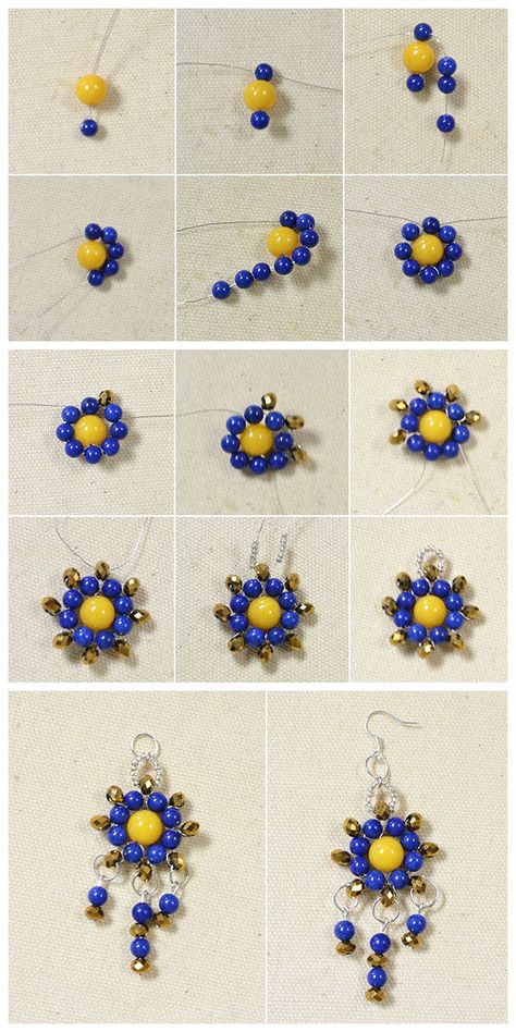 #Beebeecraft Instructions on Making a Pair of Blue and gold #Drop #ChandelierEarrings Anting Manik, Earrings Bead, Beaded Earrings Tutorials, Jewelry Making Earrings, Beaded Bracelets Tutorial, Beading Jewelery, Bracelet And Necklace, Makeup Eyes, Bead Embroidery Jewelry