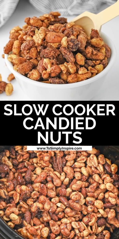 crockpot candied nuts slow cooked in a cinnamon sugar mixture and in a white bowl. Cinnamon Nuts Recipe Crock Pot, Slow Cooker Candied Almonds, Nuts Snacks Ideas, Sweet Spiced Nuts Recipe, German Roasted Nuts Recipes, Candied Nuts Gift, Candies Nuts Recipe, Candied Nuts Recipe Easy Crockpot, Candied Mixed Nuts Easy Recipes