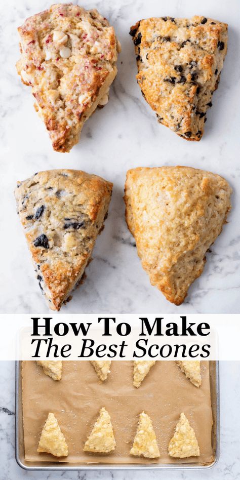 Make tall, buttery, flaky scones like a pro in just 10 minutes of active prep time with my tried and true scones recipe. Now you can make moist, flavorful scones with your choice of add-ins that rival your local bakery. Keep reading for all my add-in ideas, tips, and tricks for scone perfection! Best Easy Scone Recipe, Whole Meal Scones, Best Ever Scones Recipe, Sallysbakingaddiction Scones, Super Moist Scones, Fair Scones Recipe, Almond Joy Scones, Bread Machine Scones Dough, Bakery Scones Recipe