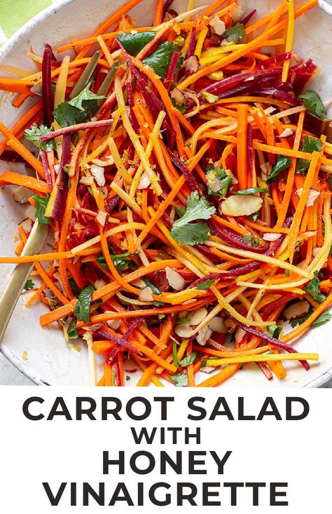 Crunchy Bistro Carrot Salad Grated Carrot Salad, Dinner Hosting, Carrots Side Dish, Honey Vinaigrette, Carrot Salad Recipes, Carrot Slaw, Pineapple Salad, Pumpkin Salad, Julienned Carrots