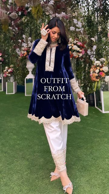 Eid Outfit From Scratch, Scratch Outfit Ideas, Outfit From Scratch Ideas, Velvet Suit Ideas, Outfit Ideas Traditional, Outfit From Scratch Indian, Blue Velvet Dress Outfit, Suit From Scratch, Silk Suit Designs Indian