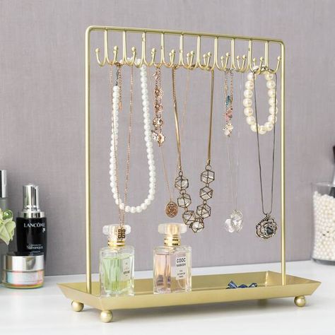 Everly Quinn Jewelry Stand | Wayfair Dresser Table, Necklace Stand, Necklace Organizer, Jewelry Display Stands, Storage Stand, Necklace Display, Decorative Hooks, Gold Jewelry Necklace, Classy Jewelry