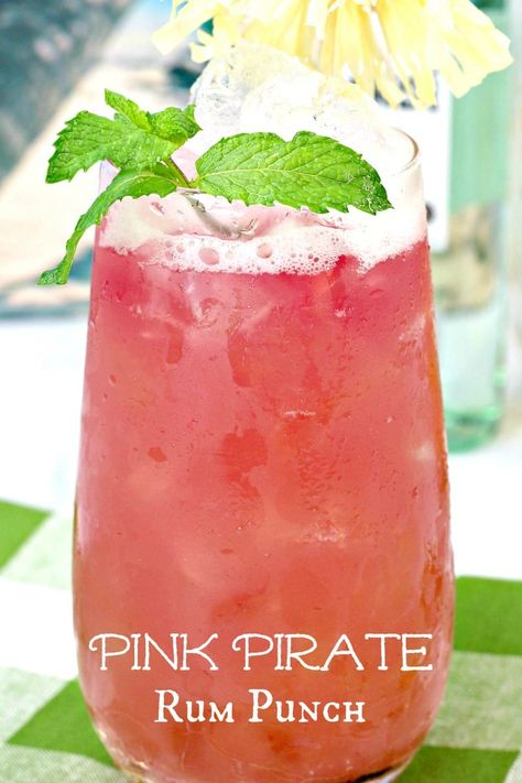 Pink Pirate Rum Punch Cocktail Recipe #Recipes #Cocktails #CocktailRecipes #RumPunch #RumCocktails #AdultBeverage #PinkCocktails #PinkDrinks Pirate Rum Punch, Pirate Rum, Rum Punch Recipe, Rum Drinks Recipes, Pink Pirate, Rum Punch Recipes, Cocktail Drinks Alcoholic, Mixed Drinks Alcohol, Jungle Juice