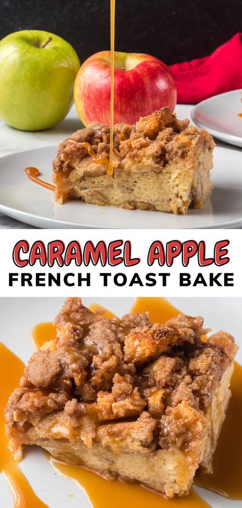 Every bite of this Caramel Apple French Toast Bake will have you enjoying the tastes of Fall at breakfast. The combination of baked French toast, apples, custard mixture, and caramel sauce, with a cinnamon streusel topping means lazy weekend mornings around the table will never be the same! Easy Make Ahead Breakfast Casserole, Apple Breakfast Casserole, Caramel Apple French Toast, Apple French Toast Bake, Baked Caramel Apples, Apple French Toast Casserole, Cinnamon Streusel Topping, Apple French Toast, Baked French Toast Casserole