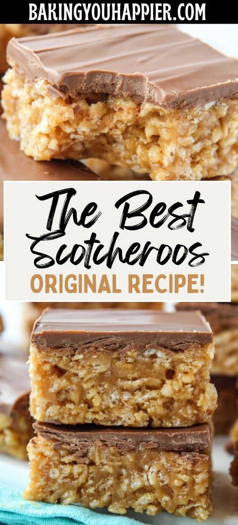 The Best Scotcheroos, this classic recipe for soft and chewy Scotcheroos is perfect for parties or potlucks! Toll House Squares, Potluck Cookie Recipes, Frito Scotcharoos, Microwave Scotcharoos Recipe, Scotcheroos Without Corn Syrup, Scotcharoos Recipe With Marshmallow, Healthy Scotcheroos Recipe, Scotchies Rice Krispies, Scotcharoos With Cornflakes