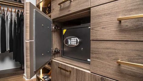 Small Safe In Closet, Safe In Closet Ideas, Realistic Walk In Closet, Safe In Walk In Closet, Built In Safe Closet, Hidden Safe Ideas In Closet, Walk In Closet With Safe, Safe In Wardrobe, Secret Lockers Ideas For Home