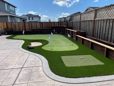 Backyard Playground Turf, Turf Area Backyard, Mini Putt Putt Backyard, Diy Putt Putt Course, Turf Landscape Ideas, Backyard Golf Green, Chipping Green Backyard, Backyard Putt Green, Backyard Chipping Green