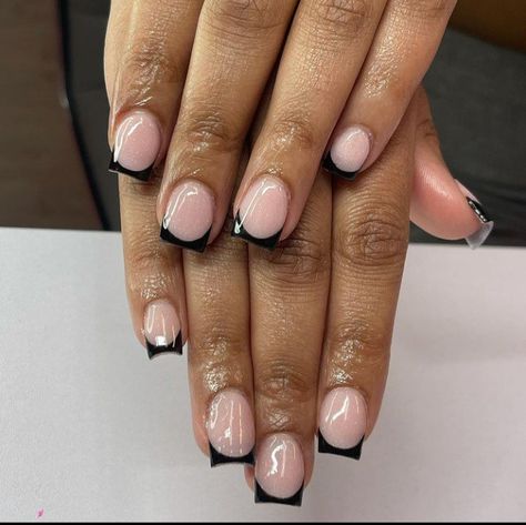 Black French Tip Overlay, Extra Short Black French Tip Nails, Short Square Acrylic Nails Black Tips, Black Shirt French Tip Nails, Black Shirt French Tip, Black Nail Tips French Manicures, Small Black French Tip Nails, Short Acrylic Nails Black French Tip, Short Black Tips