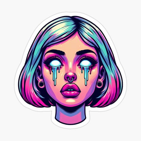 Get my art printed on awesome products. Support me at Redbubble #RBandME: https://www.redbubble.com/i/sticker/Psychedelic-Crying-Girl-Face-With-a-Piercing-by-TheRumblingNerd/160045377.EJUG5?asc=u Tattooed Cartoon Characters, Piercing Art Drawing, Sticker Dino, Female Face Drawing, Graffiti Style Art, Graffiti Font, Unique Drawings, Dark Tattoo, Face Stickers