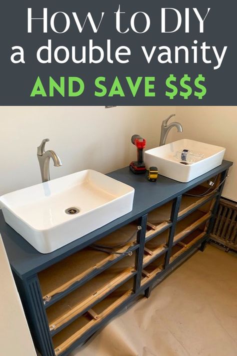 How to create a DIY double vanity while saving a ton of money Diy Double Sink Vanity, Bathroom Double Vanity Ideas Master Bath, Diy Double Vanity, Bathroom Double Vanity Ideas, Inexpensive Dresser, Diy Sink Vanity, Dresser Sink, Diy Bathroom Sink, Bathroom Vanity Redo