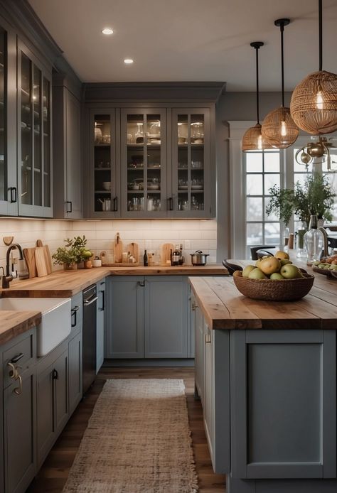 35 Gray Kitchen Cabinets That'll Transform Your Space Kitchen With Blue Gray Cabinets, Kitchen Ideas With Grey Walls, Blue Tone Kitchen, Dark Blue Grey Cabinets, Pretty Kitchen Cabinets, Kitchen With Charcoal Cabinets, Kitchen Different Color Cabinets, White Oak And Gray Kitchen, Grey Cabinets With Wood Countertops