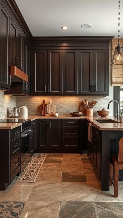 How to Style Your Kitchen with Dark Brown Cabinets Backsplash With Dark Cabinets Granite, Brown Black Kitchen Cabinets, Dark Brown House Decor, How To Decorate A Kitchen With Dark Brown Cabinets, Kitchen Floor With Dark Cabinets, Dark Chocolate Cabinets Kitchen, Backsplash With Espresso Cabinets, Dark Base Cabinets Light Uppers, Hardware On Dark Brown Cabinets