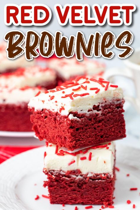 These amazing Red Velvet Brownies are deliciously dense, chewy and chocolatey! Make the brownie recipe then top them with a rich and tangy cream cheese frosting for the best ever Valentine’s Day treat! Homemade Brownie Recipes, Brownies With Cream Cheese Frosting, Red Velvet Brownies Recipe, Brownies With Cream Cheese, Velvet Brownies, Red Velvet Brownies, Best Brunch Recipes, Cream Cheese Brownies, Brownies Recipe Homemade