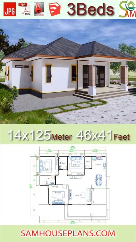 Modern Bungalow House Design, One Story House, Affordable House Plans, No Parking, Modern Bungalow House, Kitchen Dinning Room, House Plan Gallery, Simple House Design, House Construction Plan