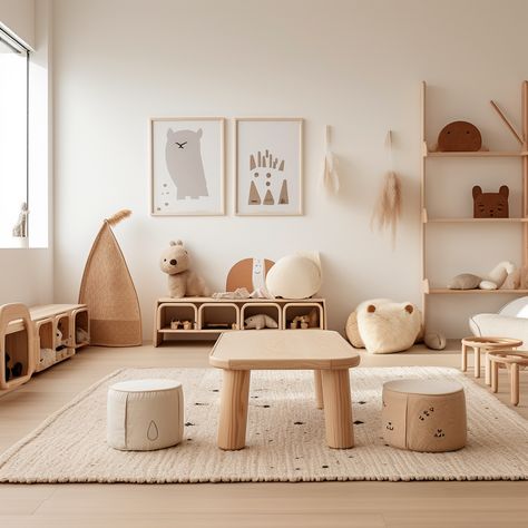 Montisorri Baby Room, Japandi Kids Room, Nanny Room, Scandinavian Playroom, Gender Neutral Playroom, Soft Minimalist Aesthetic, Minimal Kids Room, Kids Room Desk, Modern Baby Room