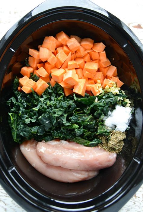 Slow Cooker Chicken, Kale, And Sweet Potato Stew Sweet Potato Stew, Slow Cooker Chicken Healthy, Chicken Kale, Salad Kale, Potato Stew, Chicken Sweet Potato, Healthy Slow Cooker, Sweet Potato Soup, Think Food