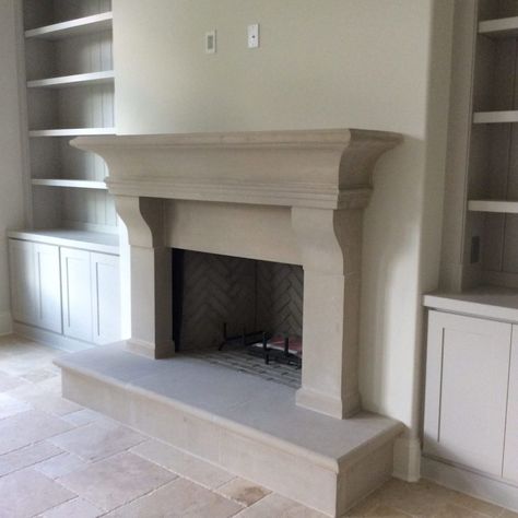 French Country Fireplace With Built Ins, Fireplace With Raised Hearth Ideas, Stone Cast Fireplace, Raised Hearth, Italian Fireplace, Fireplace Farmhouse, Limestone Fireplace Surround, House Fireplace, Fire Surrounds