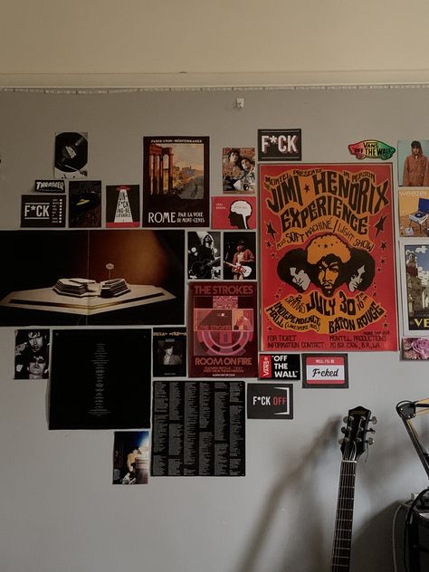 Mens Poster Wall, Men’s Poster Wall, Bedroom Posters Wall Ideas Vintage, Posters On Bedroom Wall Aesthetic, Band Themed Bedroom, Rock And Roll Dorm Room Ideas, Room Posters For Men, Full Poster Wall Bedroom, Band Posters On Wall Bedroom Aesthetic