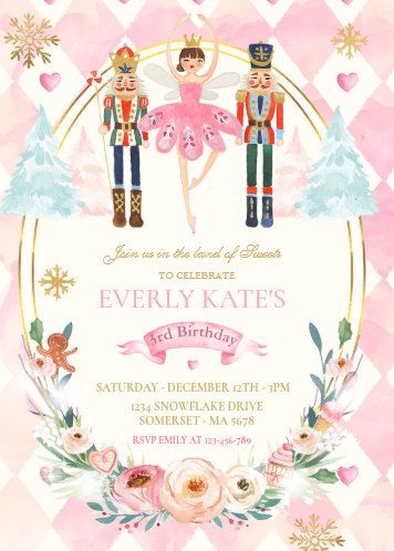 Gold Nutcracker, Nutcracker Birthday, Winter Birthday Invitations, Fairy Invitations, Winter Wonderland Birthday, Ballet Birthday, Girls Birthday Party Themes, Confetti Birthday, Fairy Birthday Party