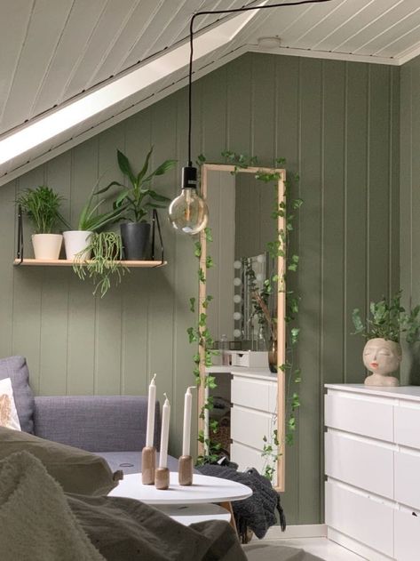 Aesthetic Green Bedroom Walls, Sage Green Loft Bed, Green Theme Room Decorating Ideas, Green Bedroom Walls Cozy, Green Painted Room Aesthetic, Safe Green Aesthetic Bedroom, Room Ideas Aesthetic Minimalist Green, Leaves Bedroom Aesthetic, Green Walls Aesthetic Bedroom