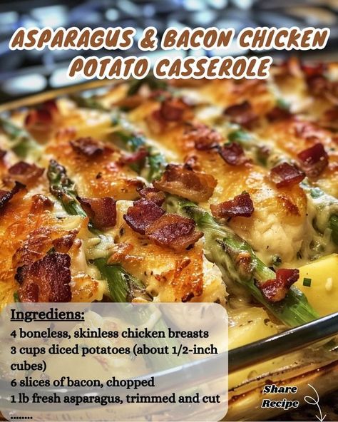 Chicken Asparagus Casserole, Chicken And Asparagus Casserole, Chicken Asparagus Potatoes, Asparagus Bacon Chicken Potato Casserole, Sausage Potato Asparagus Casserole, Bacon Potato Casserole, Chicken Potato Casserole, Pan Seared Chicken Breast, Asparagus Dishes