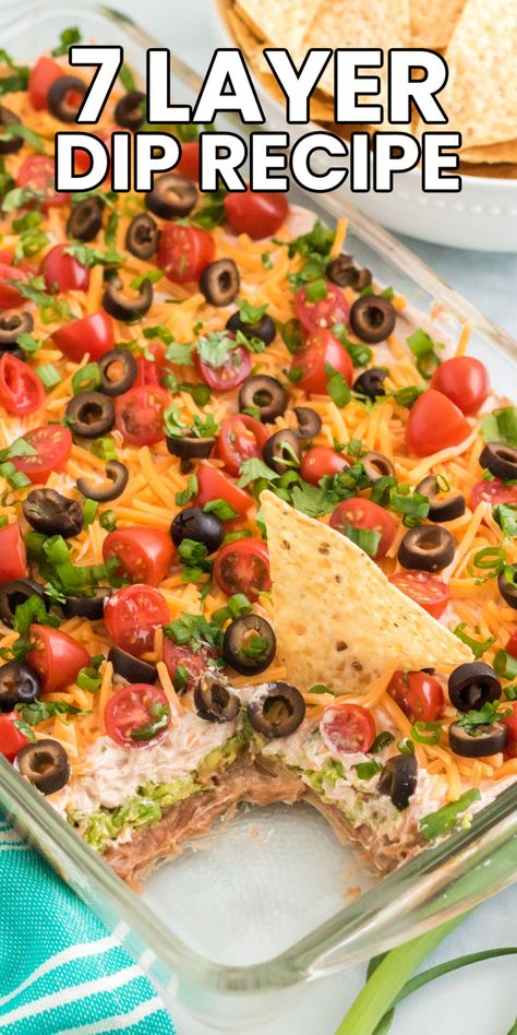 Snacks For A Large Group, Football Season Appetizers, 5 Layer Dip, Layered Bean Dip Recipe, Quick Party Snacks, Mexican Dip Recipes, Luncheon Recipes, 7 Layer Dip Recipe, Layered Dip Recipes