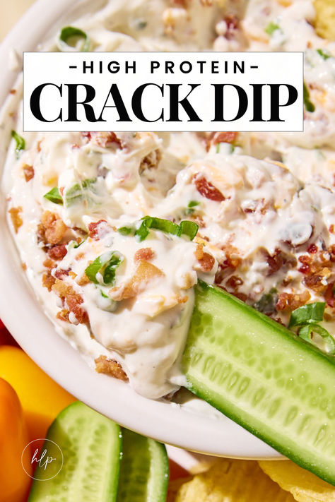 a bowl with high protein crack dip with a cucumber being used to dip Cheap Protein Snacks, Easy Protein Appetizers For A Party, Yogurt Chip Dip, Greek Yogurt Protein Recipes, 75 Hard Snacks, Good Beach Snacks, Protein Chip Dip, High Protein Snack Prep, Easy Protein Snacks Healthy