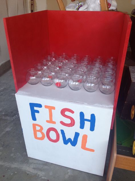 My fish bowl game for carnival party. Fish Cup Game, Fish Bowl Toss Carnival Game, Carnival Games Diy Easy, Pokemon Carnival Games, Fish Bowl Game Carnival, Fish Bowl Game Ideas, Fish Bowl Carnival Game, Carnival Game Prize Ideas, Elementary School Carnival Games Ideas